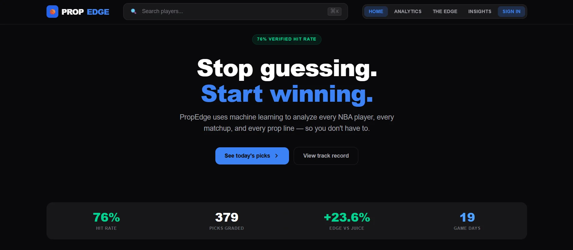 NBA Prop Line website with AI model for predicting over/under prop lines.