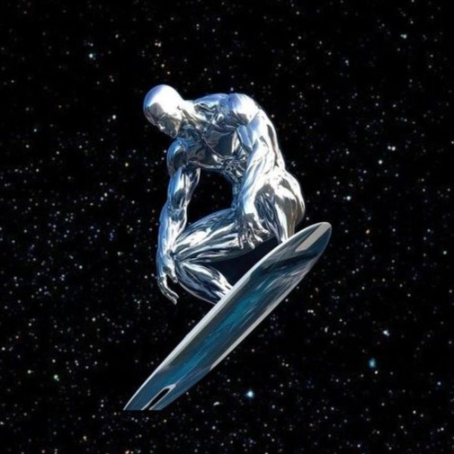 Silver Surfer alone in space squating on surfboard