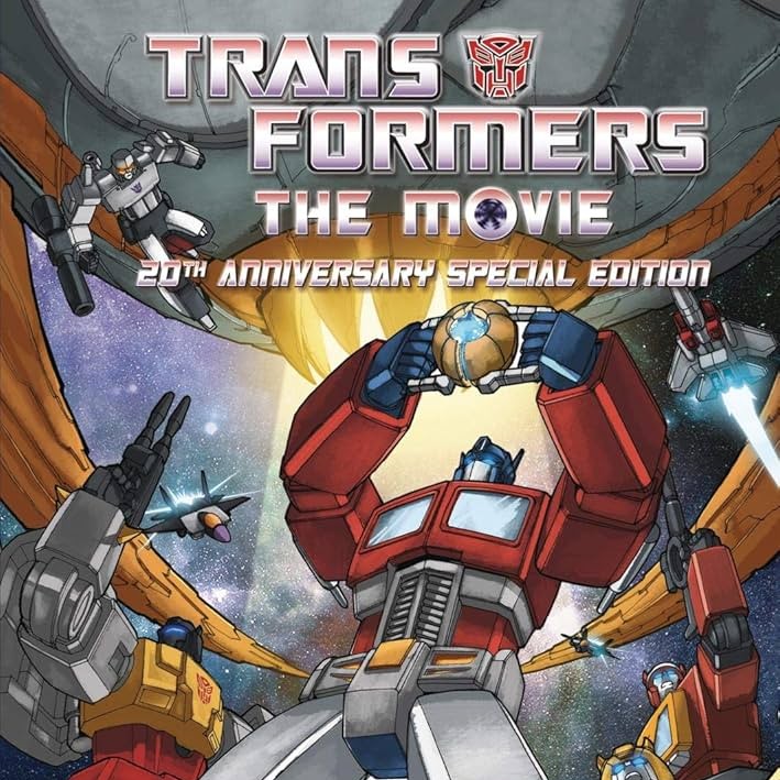 Optimus Prime opening the all-spark on the movie cover of transformers the movie released in 1986 20th anniversary special edition