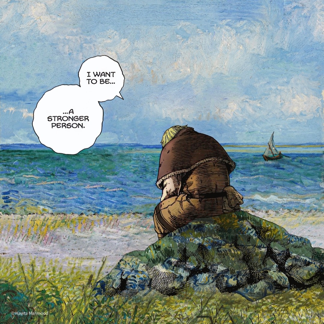 Thorfinn sitting on a rock saying I want to be a stronger person