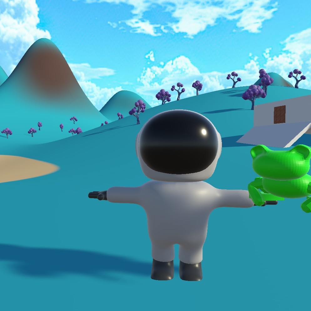 Off World video game cover image with astronaut holding a frog on mountains.
